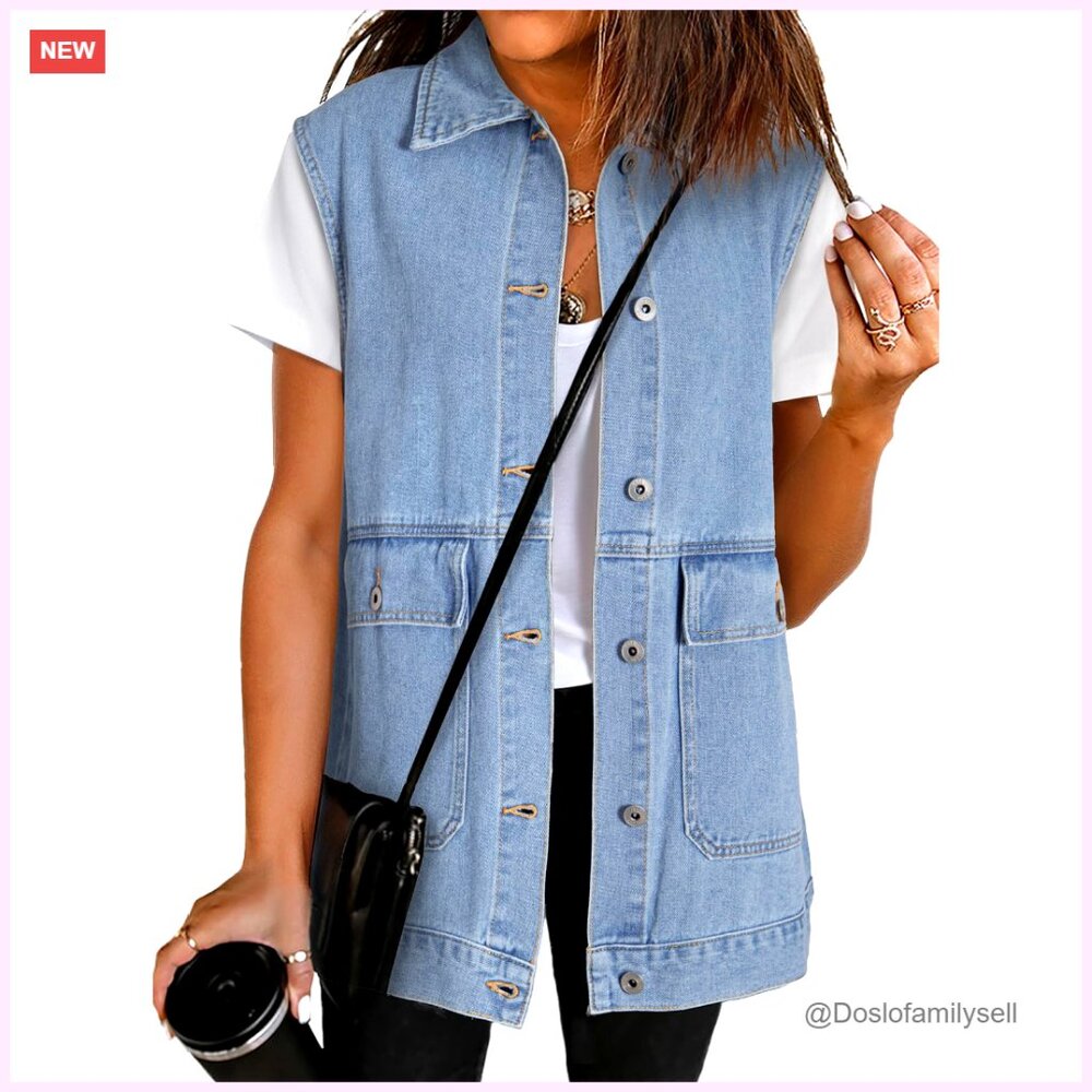 Women's Sleeveless Denim Vest Button Down Jacket With Pockets Cotton Blend